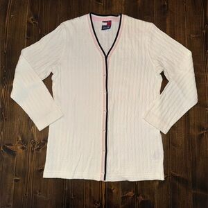 Vintage Tommy Hilfiger Cardigan Sweater M White with Navy & Pink details.